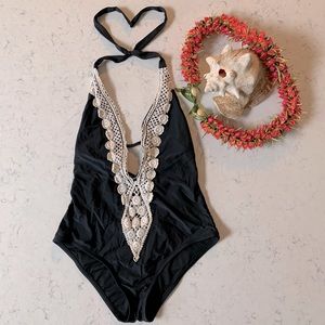 Black one piece swimsuit w/ crochet trim